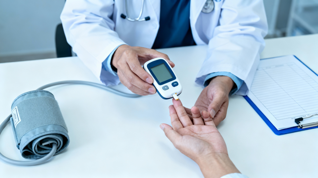 doctor using glucometer to check diabetes