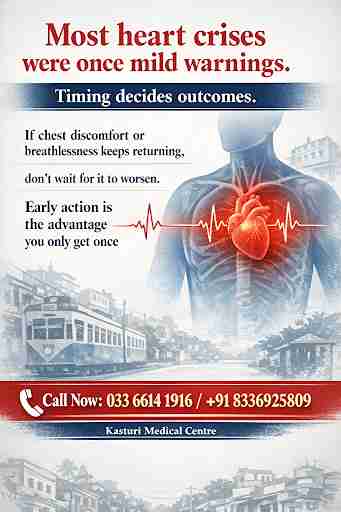 Kasturi Medical Centre poster warning about heart crises, urging early action if chest discomfort or breathlessness persist to avoid worse outcomes.