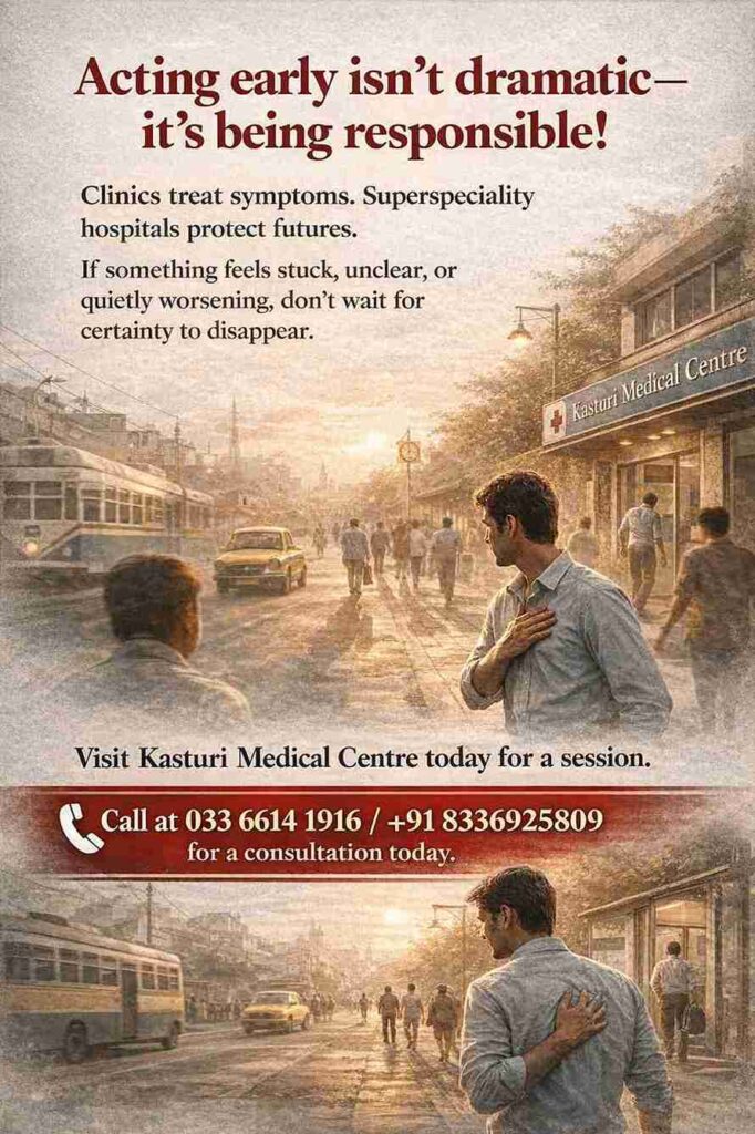 An emotional scene depicting a person walking in a bustling street in Kolkata while reflecting on the importance of early action for health. The image promotes the idea that acting early is responsible, not dramatic, with Kasturi Medical Centre as the healthcare provider.