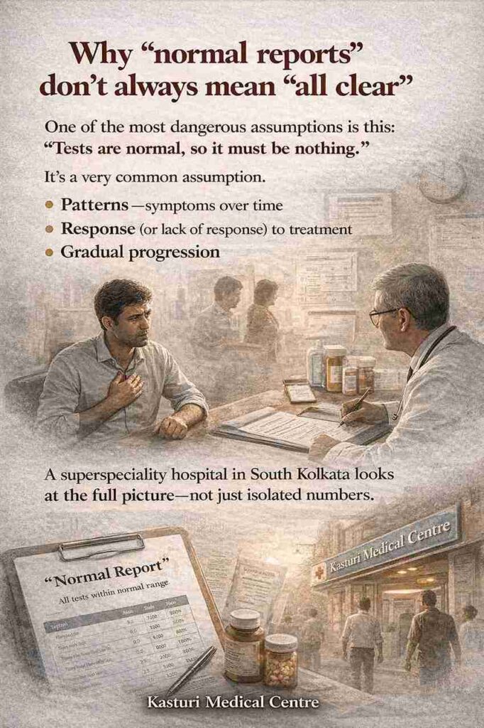 An informative visual with a concerned patient discussing test results with a doctor. The image emphasizes the importance of understanding patterns and gradual progression, rather than assuming normal test reports always indicate 'all clear.