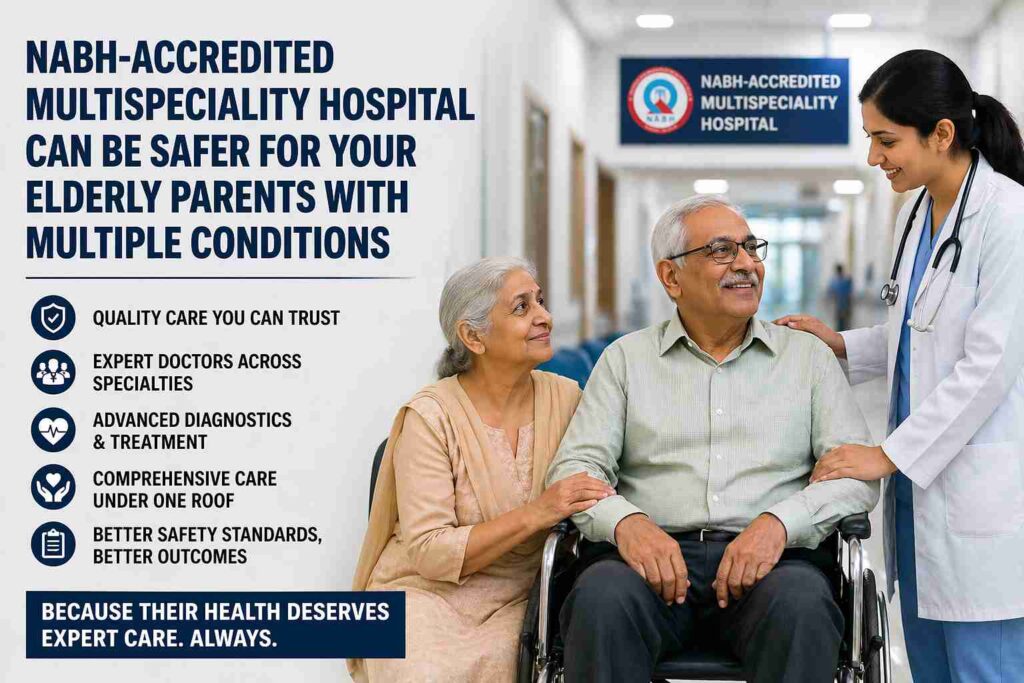 Elderly couple consulting a female doctor at an NABH-accredited multispeciality hospital in Kolkata, illustrating coordinated care, infection control, and multidisciplinary support for seniors with multiple conditions.