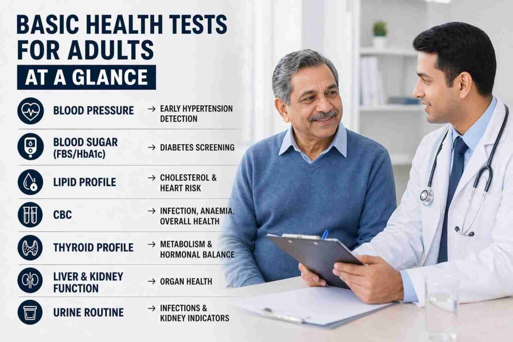 Basic health tests for adults infographic showing blood pressure, blood sugar, lipid profile, CBC, thyroid, liver, kidney, and urine routine tests