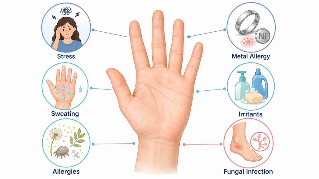 Common triggers behind palm blisters including stress, sweating and allergies