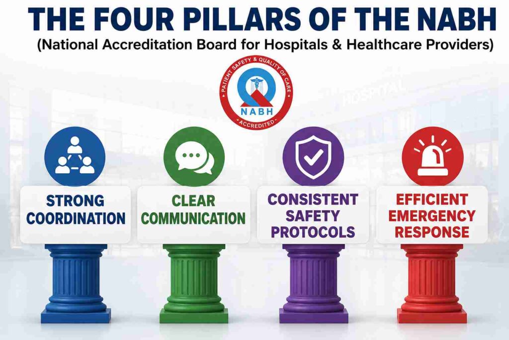 Four pillars of NABH hospital care showing strong coordination, clear communication, consistent safety protocols, and efficient emergency response for safer patient-focused treatment.
