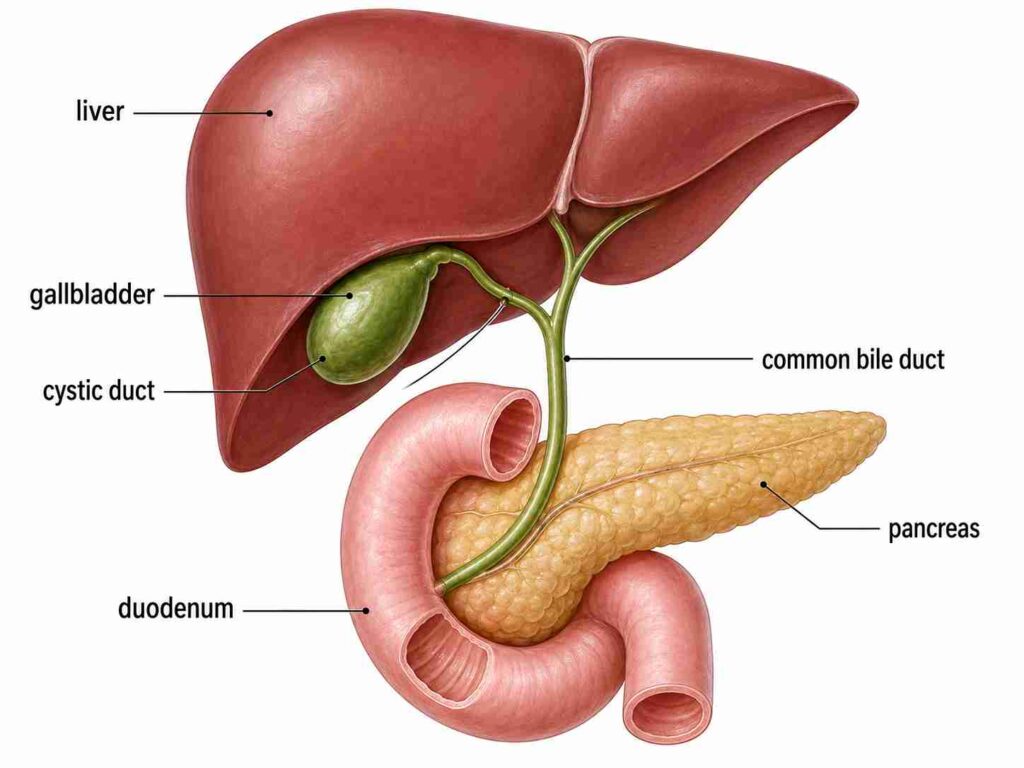 Medical diagram showing gallbladder location under the liver, cystic duct, common bile duct, pancreas and duodenum for bile flow anatomy.