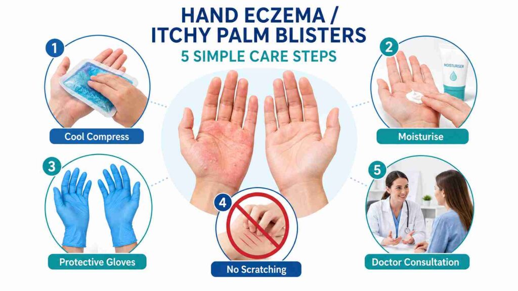 Hand eczema care steps including cool compress, moisturiser and doctor consultation