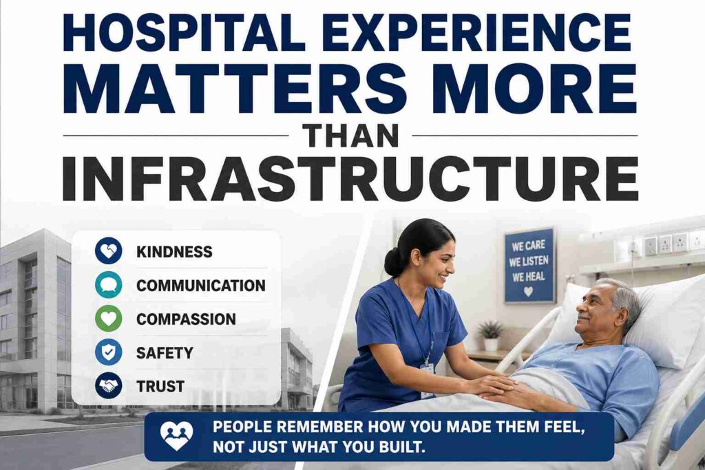 Nurse comforting an elderly patient in a hospital room, highlighting why communication, compassion, kindness, safety, and trust matter in patient experience beyond hospital infrastructure.