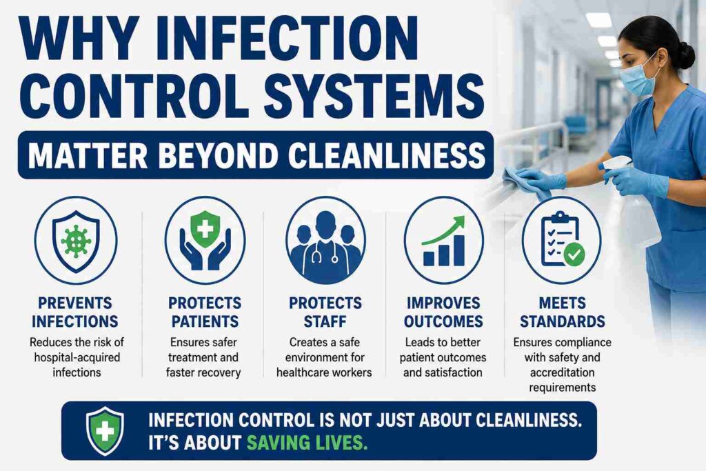 Hospital staff following infection control practices in a clean corridor, showing how NABH hospitals focus on patient safety, hygiene protocols, hospital-acquired infection prevention, and quality standards.