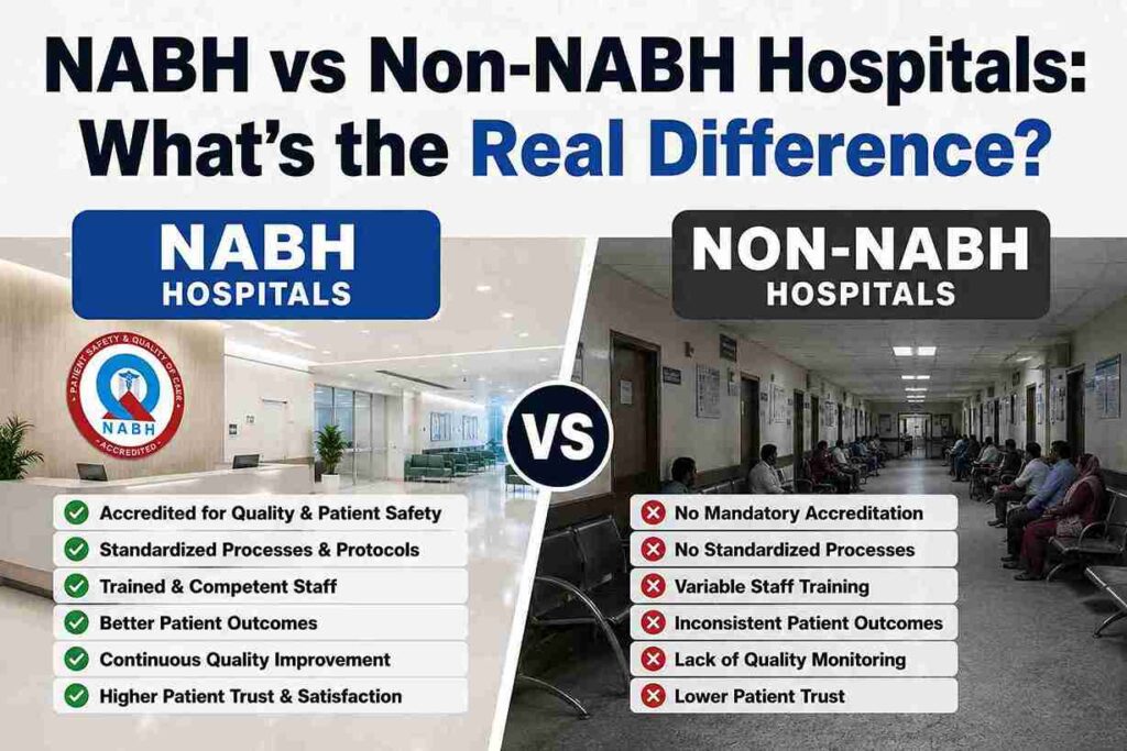 NABH vs non-NABH hospitals comparison showing how NABH accreditation supports patient safety, standardised processes, trained staff, quality monitoring, and better hospital care outcomes.