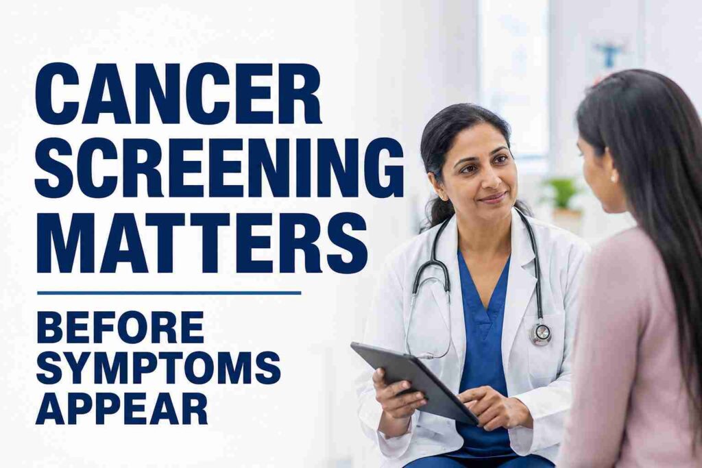 Doctor discussing preventive cancer screening with a patient, highlighting why breast, cervical, and colorectal screening matter before symptoms appear.