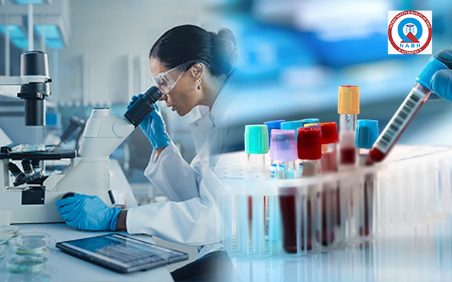 Lab technician examining samples with blood test tubes at an NABL-accredited diagnostic centre for reliable pathology results