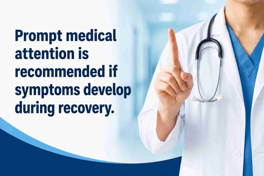 Doctor advising patients about postoperative care and recovery after gallbladder laparoscopic surgery with focus on symptom monitoring