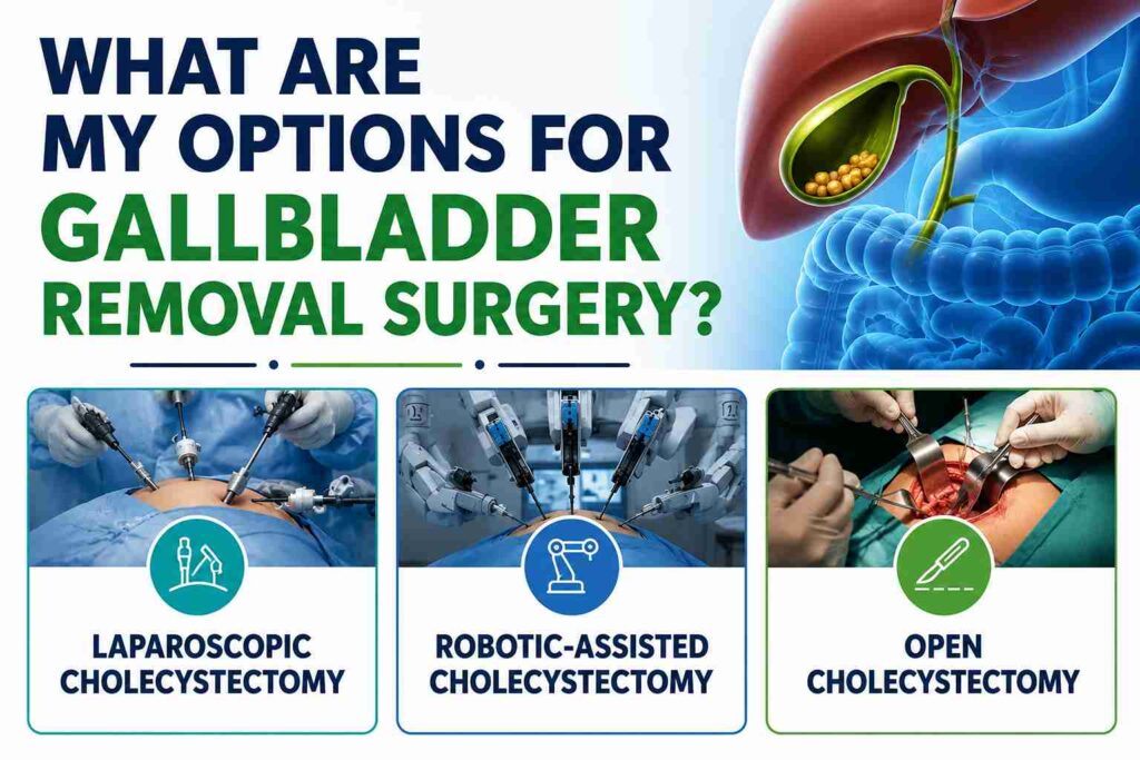 Different surgical options for gallbladder removal including laparoscopic cholecystectomy, robotic-assisted cholecystectomy and open cholecystectomy