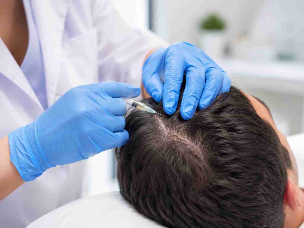 Close-up view of a scalp injection procedure performed in a modern clinic for hair loss treatment, showing a medical professional applying therapy to the scalp.