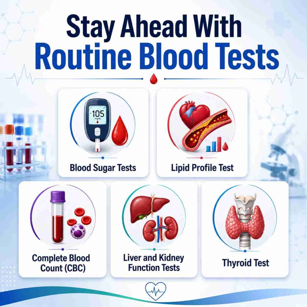 Essential blood tests after 30 including blood sugar, lipid profile, CBC, liver kidney function and thyroid tests for preventive health check-up