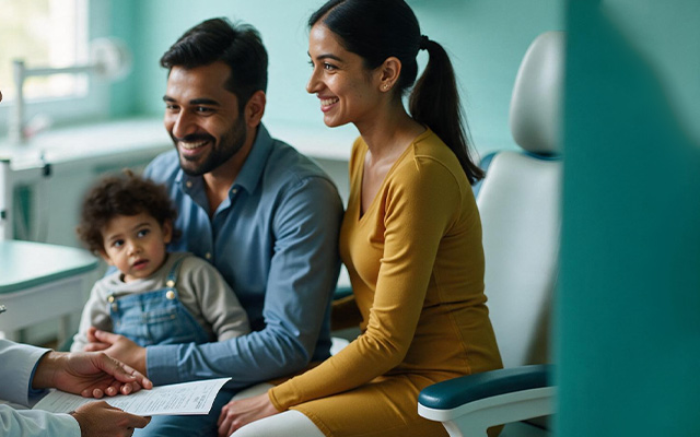 Family consulting with a doctor before admission to understand hospital facilities, treatment support, and patient care services