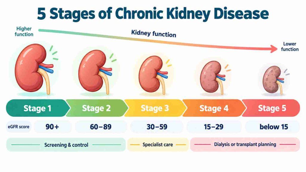 5 stages of chronic kidney disease infographic showing kidney function decline from Stage 1 to Stage 5 with eGFR scores, treatment guidance, and dialysis planning.