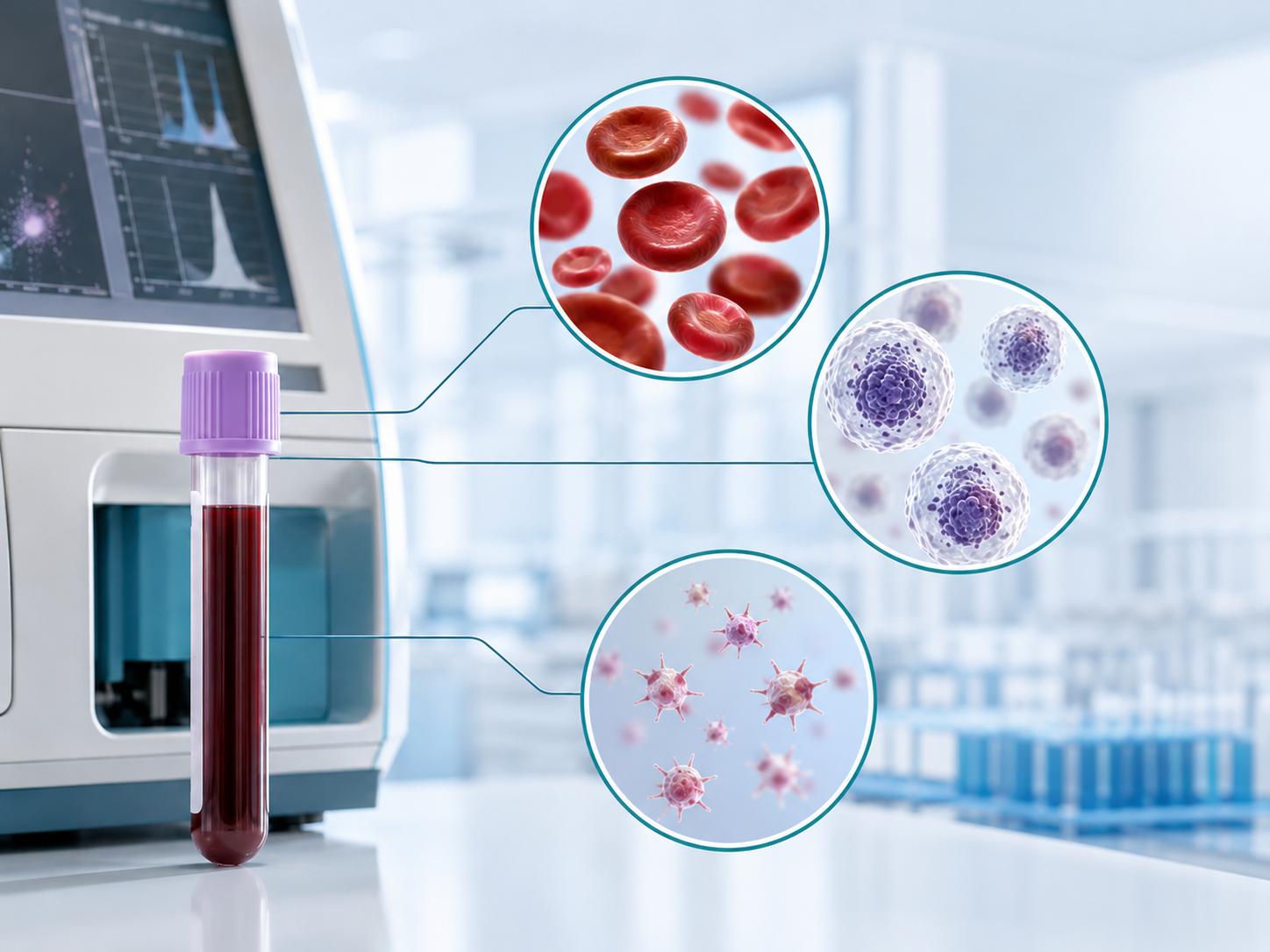 Medical illustration showing CBC blood test analysis with a blood sample and magnified views of red blood cells, white blood cells, and platelets examined during laboratory testing.