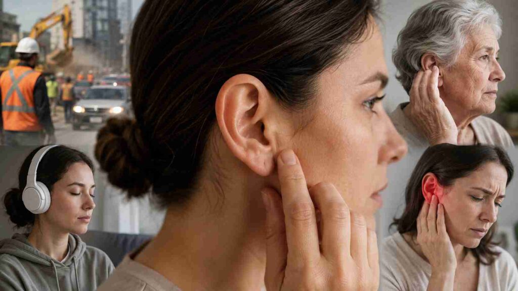 Different warning signs of hearing loss including difficulty hearing conversations, ear discomfort, tinnitus symptoms and reduced hearing ability in daily life