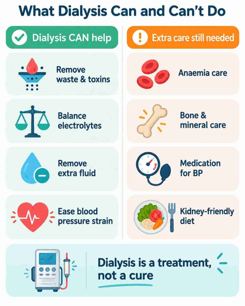 Dialysis benefits and limitations infographic explaining what dialysis can help with, including waste removal and fluid balance, and additional care needed for kidney health.
