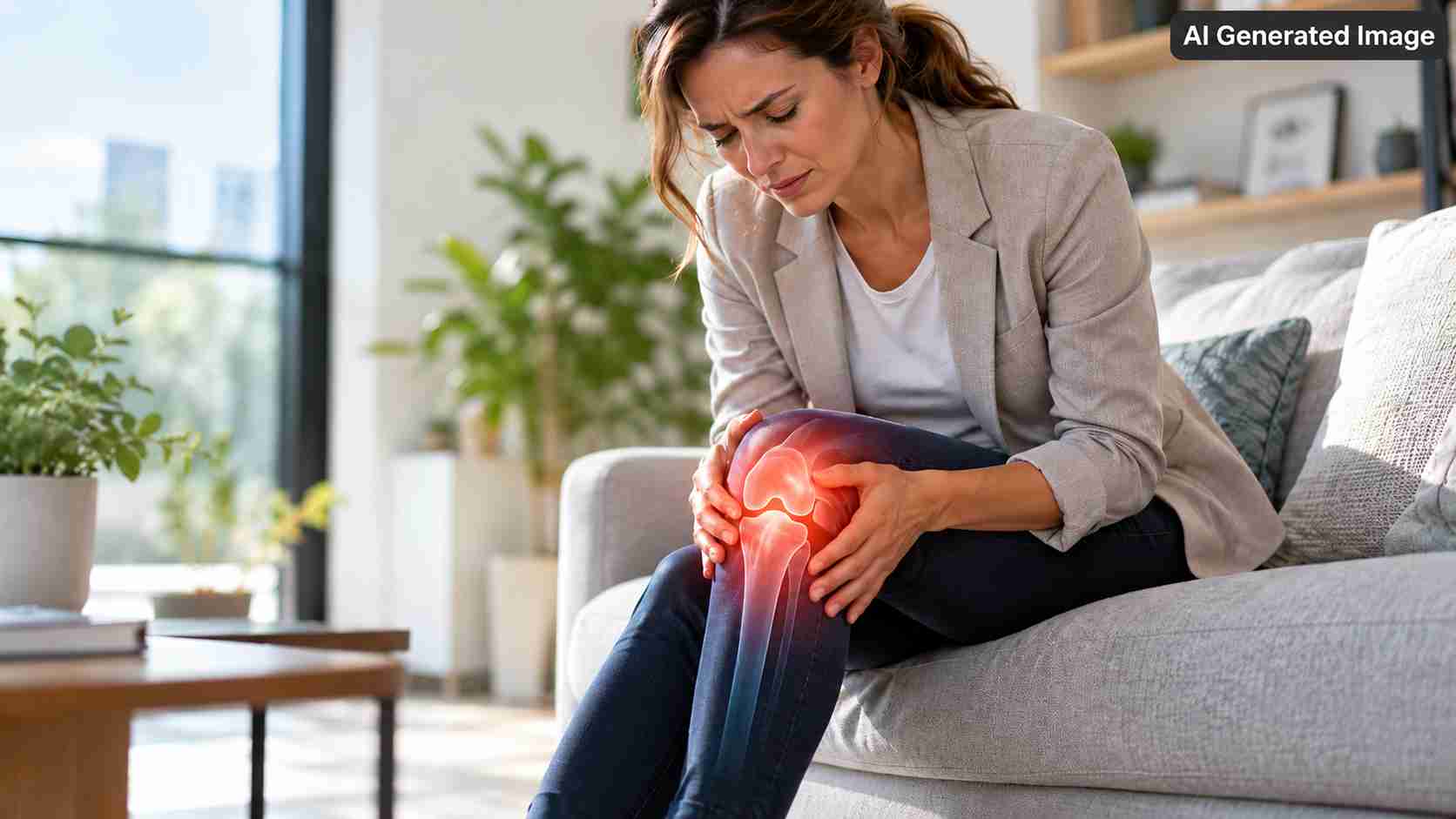 knee-and-joint-pain-in-your-30s A young woman sitting on a sofa and holding her painful knee, with a highlighted illustration of the knee joint representing knee pain in your 30s and early joint discomfort.