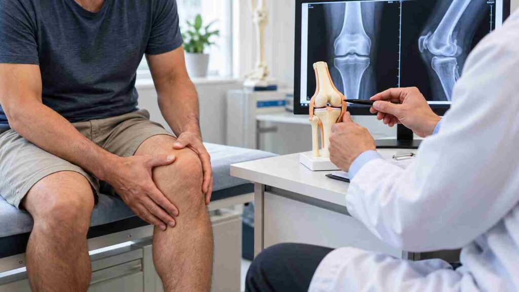 An orthopaedic specialist explaining knee joint anatomy using a medical model and knee X-ray images during a consultation with a man experiencing knee pain.
